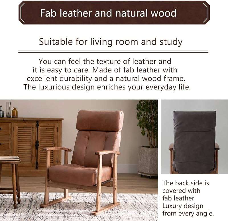 EMOOR Adjustable Recliner Chair for Living Room (Brown), Lounge, Reading, or Accent Chair with Premium PU Leather, Natural Wood Armrest, and Padded Seat Pocket Coils - Image 4