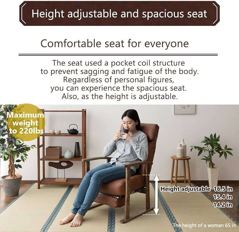 EMOOR Adjustable Recliner Chair for Living Room (Brown), Lounge, Reading, or Accent Chair with Premium PU Leather, Natural Wood Armrest, and Padded Seat Pocket Coils - Image 5