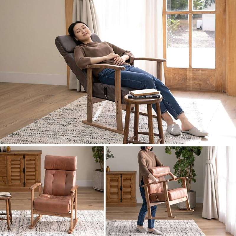 EMOOR Adjustable Recliner Chair for Living Room (Brown), Lounge, Reading, or Accent Chair with Premium PU Leather, Natural Wood Armrest, and Padded Seat Pocket Coils - Image 8