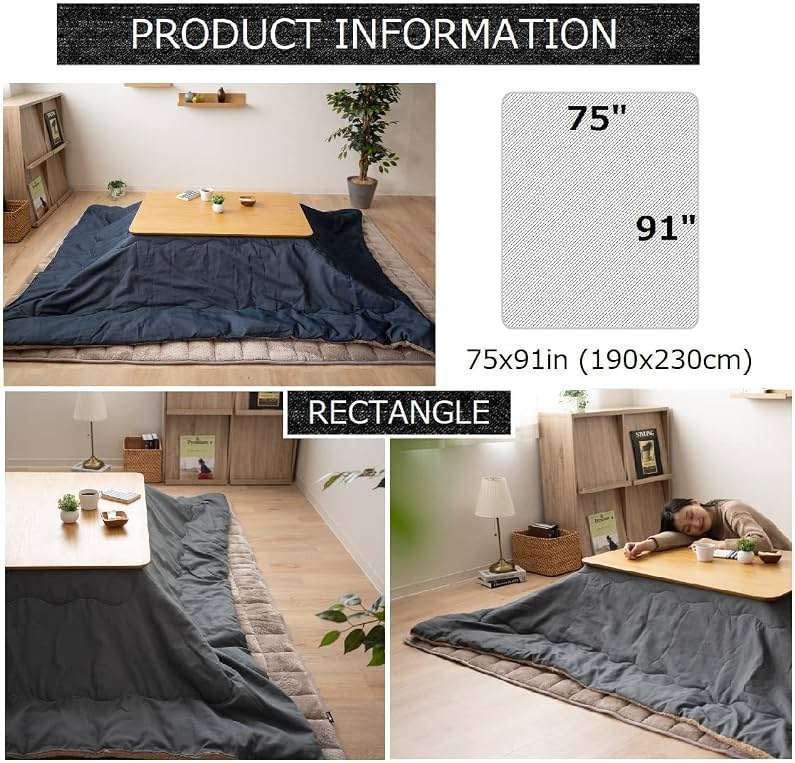 EMOOR Stylish Denim & Fake Sheep Fur Boa Fleece Kotatsu Futon Comforter Washable, Rectangle 75x91in, Denim-Navy - Image 4