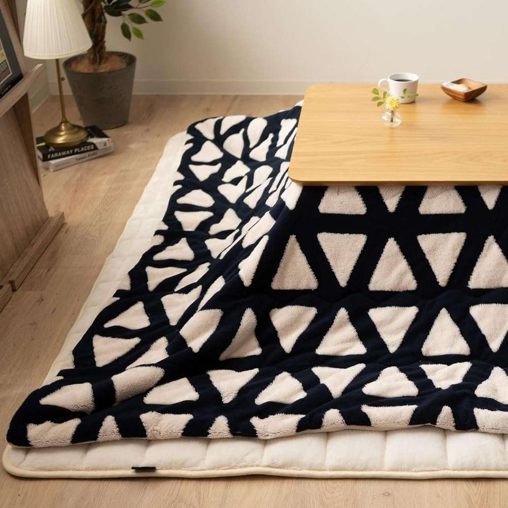 EMOOR Jacquard Boa Fleece Kotatsu Futon Comforter, Soft & Fluff Touch Blanket Throw, Washable, Rectangle 75x91in, Triangle-Navy - Image 1