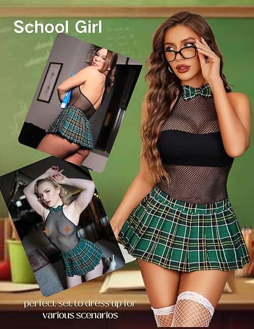Avidlove Schoolgirl Lingerie for Women Sexy Costume Outfit Roleplay Cosplay Lingerie Set Snap Crotch Bodysuit and Mini Skirt - Image 3