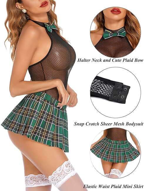 Avidlove Schoolgirl Lingerie for Women Sexy Costume Outfit Roleplay Cosplay Lingerie Set Snap Crotch Bodysuit and Mini Skirt - Image 4