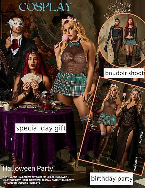 Avidlove Schoolgirl Lingerie for Women Sexy Costume Outfit Roleplay Cosplay Lingerie Set Snap Crotch Bodysuit and Mini Skirt - Image 5