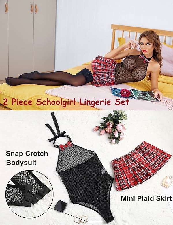 Avidlove Schoolgirl Lingerie for Women Sexy Costume Outfit Roleplay Cosplay Lingerie Set Snap Crotch Bodysuit and Mini Skirt - Image 4