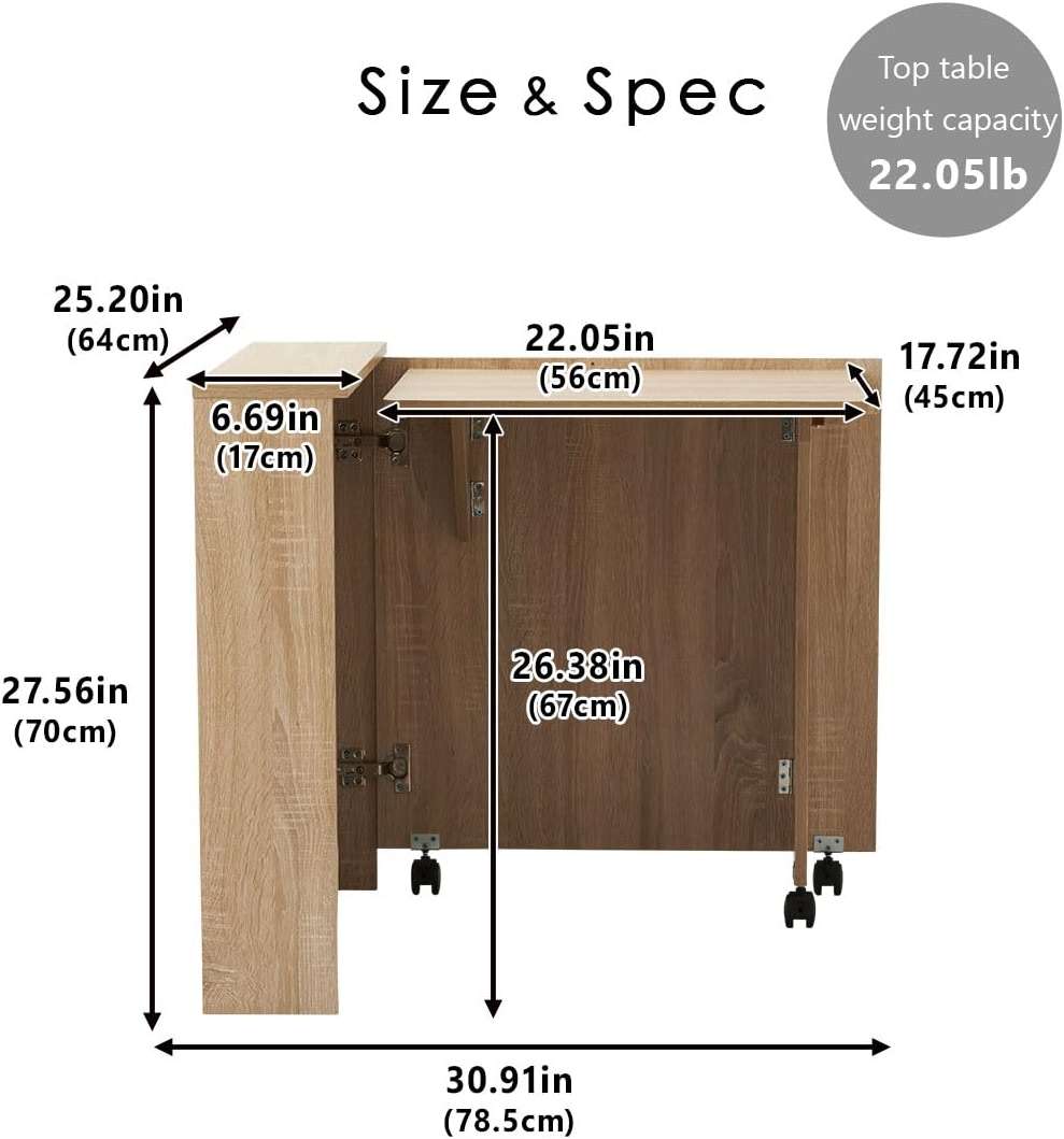 EMOOR Folding Desk (W25.2xD6.7xH27.6in) Oak, Reading Study Work Laptop Convertible Space-Saving Casters Compact Minimal Simple Small Shelf Magagine Rack - Image 2