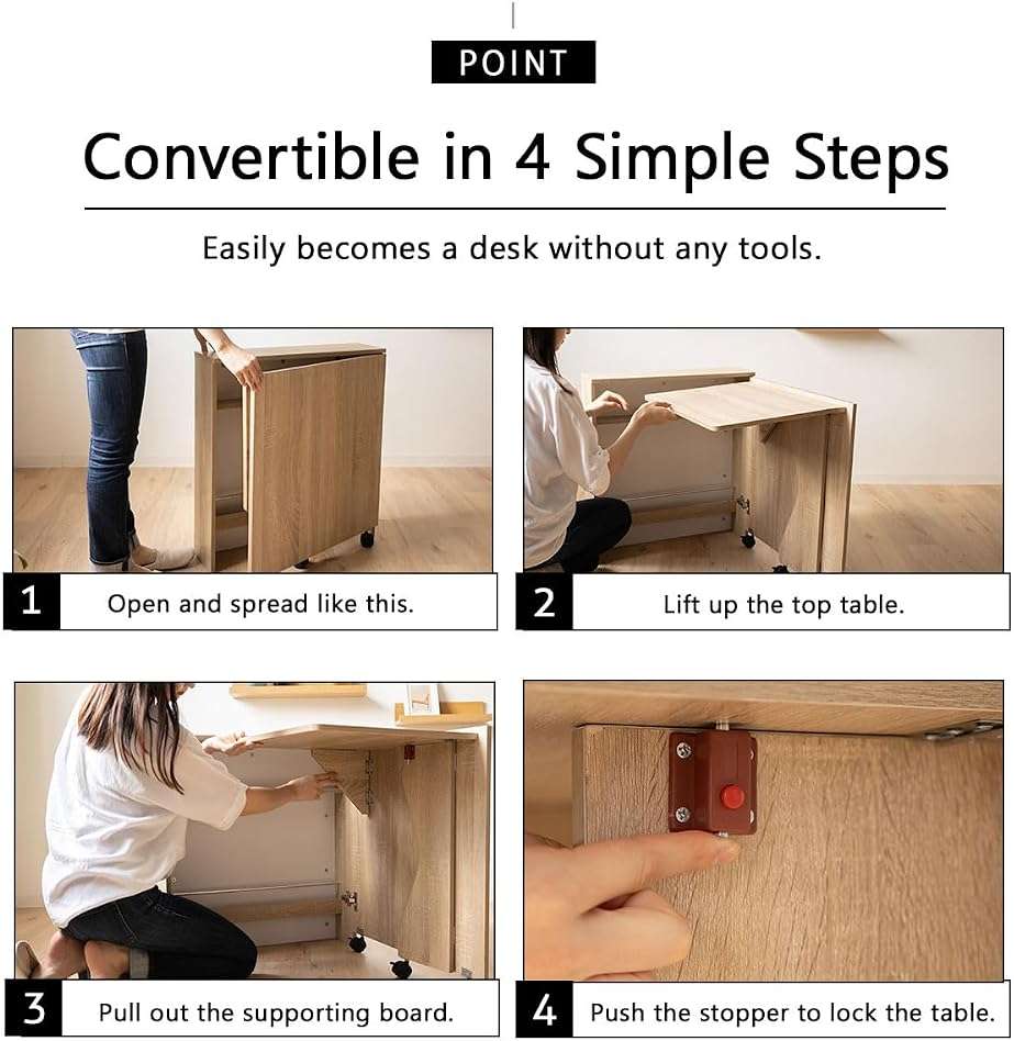 EMOOR Folding Desk (W25.2xD6.7xH27.6in) Oak, Reading Study Work Laptop Convertible Space-Saving Casters Compact Minimal Simple Small Shelf Magagine Rack - Image 5