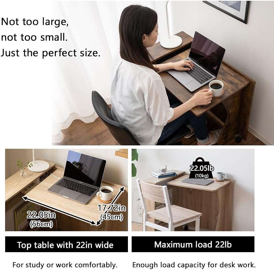 EMOOR Folding Desk (W25.2xD6.7xH27.6in) Oak, Reading Study Work Laptop Convertible Space-Saving Casters Compact Minimal Simple Small Shelf Magagine Rack - Image 6