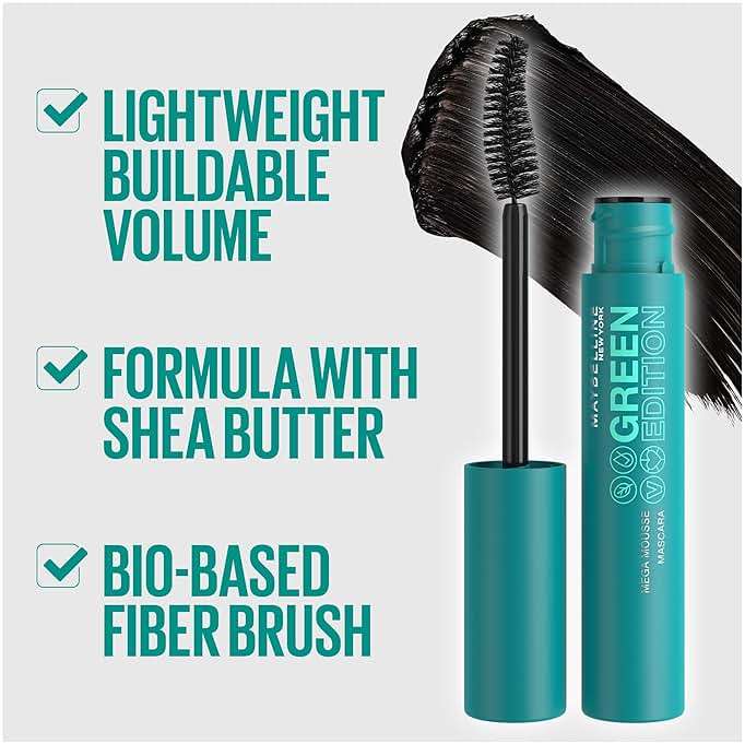 Maybelline Green Edition Mega Mousse Mascara Makeup, Smooth Buildable and Lightweight Volume, Formulated with Shea Butter, Very Black, 1 Count - Image 4