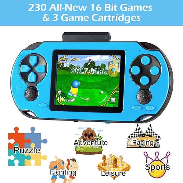 TaddToy 16 Bit Handheld Game for Kids Adults, 3.0'' Large Screen Preloaded 230 HD Classic Retro Video Games with USB Rechargeable Battery & 3 Game Cartridges for Birthday Gift for Kids 4-12 (Blue) - Image 4