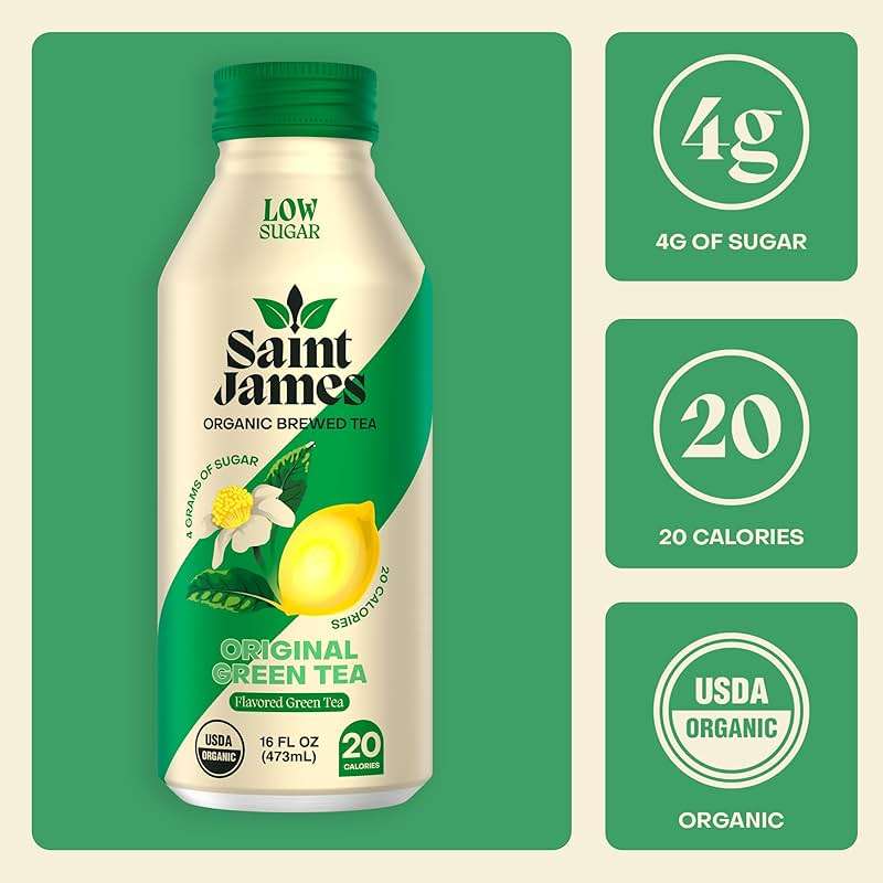 Saint James Iced Tea - Organic Green Tea - Non GMO, Gluten Free, Low Calorie & Low Sugar - Original Green Tea, 12 Pack (16 fl oz each) - Image 3