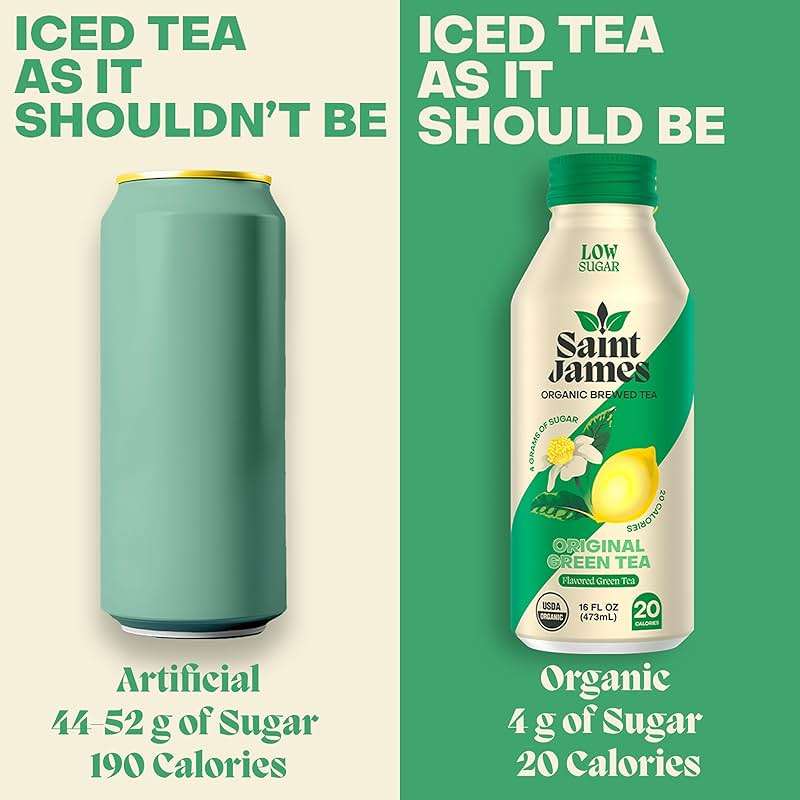 Saint James Iced Tea - Organic Green Tea - Non GMO, Gluten Free, Low Calorie & Low Sugar - Original Green Tea, 12 Pack (16 fl oz each) - Image 4