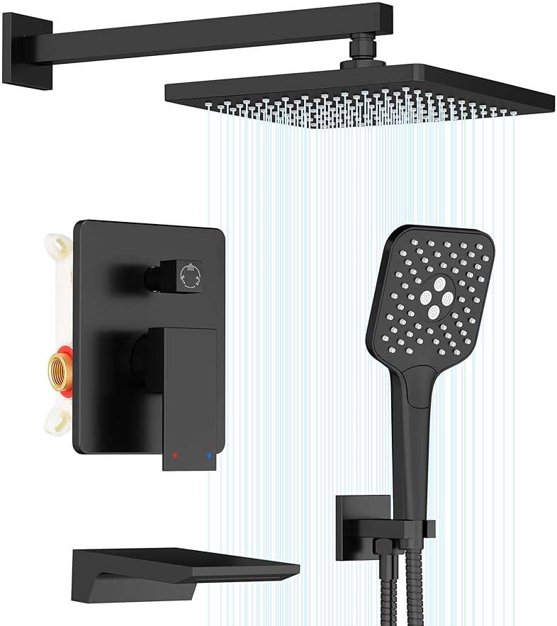 Gabrylly Shower System with Tub Spout, Wall Mounted Tub Shower Faucet Set for Bathroom with High Pressure 10" Rain Shower head and 3-Setting Handheld Shower Head Set,Matte Black - Image 1
