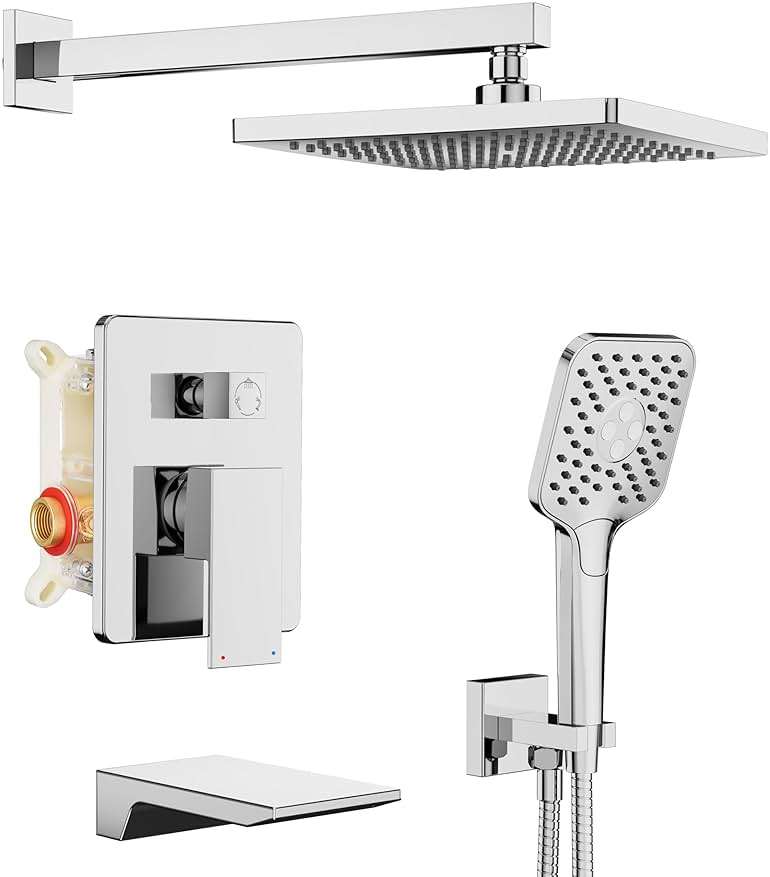 Gabrylly Shower System with Tub Spout, Wall Mounted Tub Shower Faucet Set for Bathroom with High Pressure 10" Rain Shower head and 3-Setting Handheld Shower Head Set,Chrome - Image 1