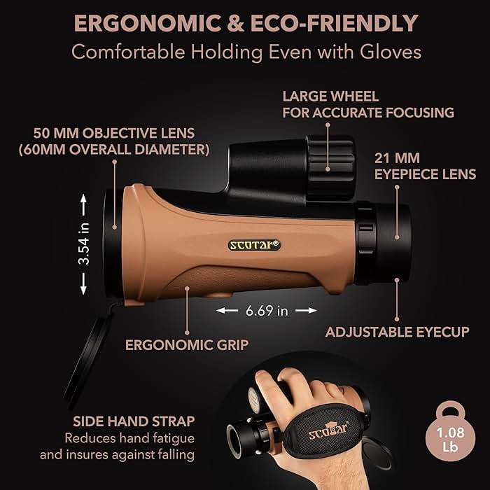 Scotar 12x50 Monocular Telescope - FMC Fogproof, IP67 Waterproof Hand Held Telescope - BAK4 Phase and Dielectric Coated Prism - Adventure Accessories Set: Bag, Smartphone Adapter, Mini Tripod - Image 4