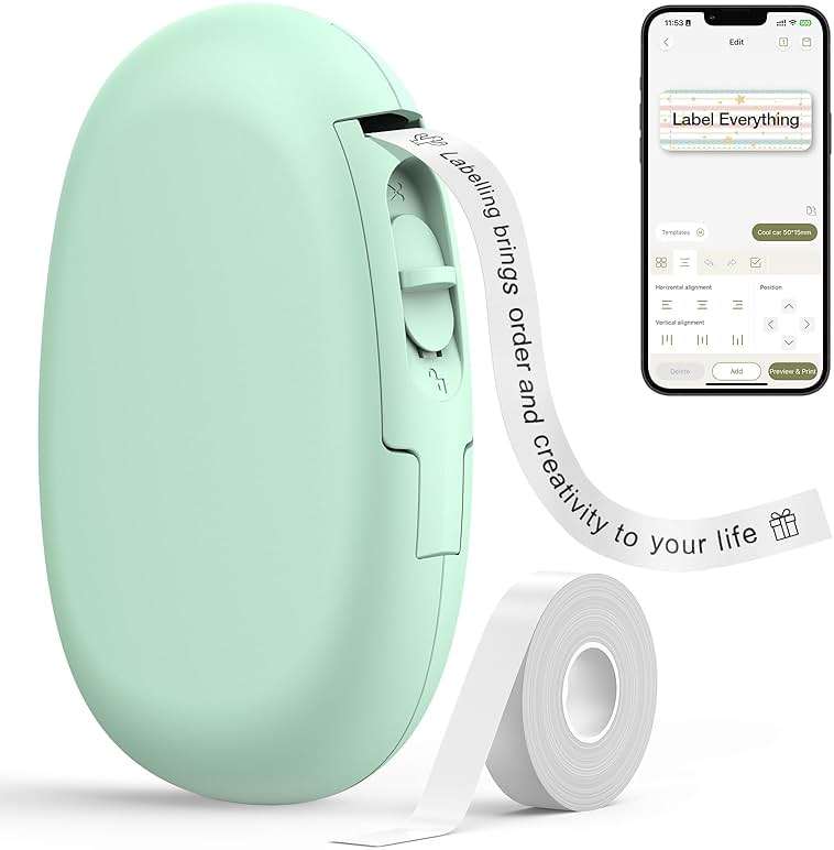 SUPVAN E10 Bluetooth Label Maker Machine with Tape, Continuous Waterproof Label, Versatile App with 35 Fonts and 1k+ Icons, Label Printer for Home, Kitchen, School, Office Organization, Green - Image 1