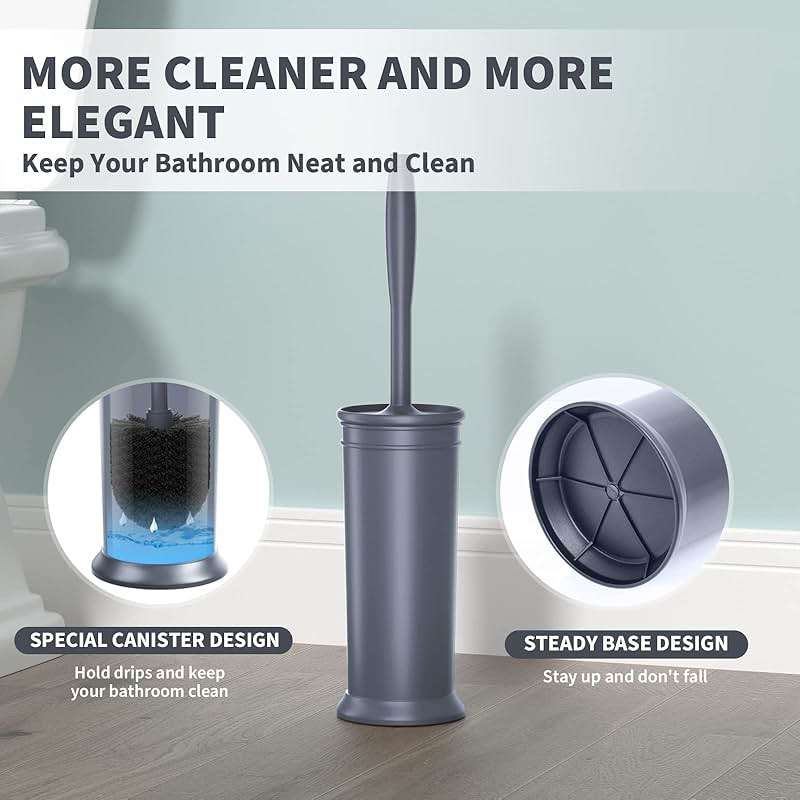Toilet Brush and Holder 2 Pack, Toilet Bowl Brush with Extra Long Handle, Toilet Scrubber and Covered Holder, Toilet Brushes for Bathroom-Space Saving, Covered Brush, Durable, Deep Cleaning(Grey) - Image 6