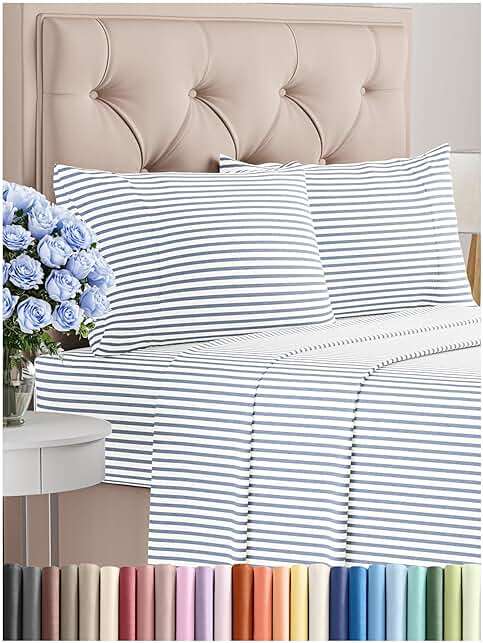 Queen Size 4 Piece Sheet Set - Comfy Breathable & Cooling Sheets - Hotel Luxury Bed Sheets for Women & Men - Deep Pockets, Easy-Fit, Soft & Wrinkle Free Sheets - Blue Stripes Oeko-Tex Bed Sheet Set - Image 1