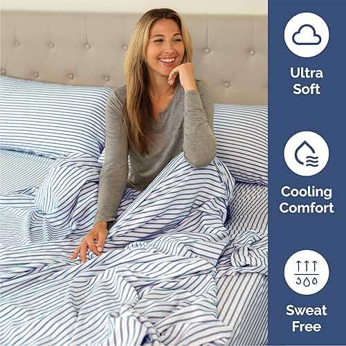 Queen Size 4 Piece Sheet Set - Comfy Breathable & Cooling Sheets - Hotel Luxury Bed Sheets for Women & Men - Deep Pockets, Easy-Fit, Soft & Wrinkle Free Sheets - Blue Stripes Oeko-Tex Bed Sheet Set - Image 4