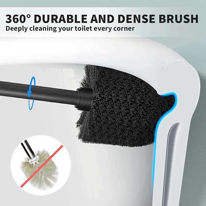 UPTRONIC Toilet Brush, Toilet Bowl Brush with Extra Long Handle Durable Bristles Toilet Scrubber and Covered Holder for Toilet Brush Set for Bathroom Cleaning (Black, 1 Set) - Image 3