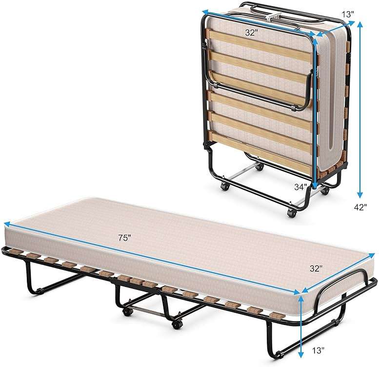 KOMFOTT Rollaway Bed with 4” Mattress, Folding Bed with Memory Foam Mattress for Adults, Portable Guest Bed with Sturdy Steel Frame, Made in Italy - Image 2
