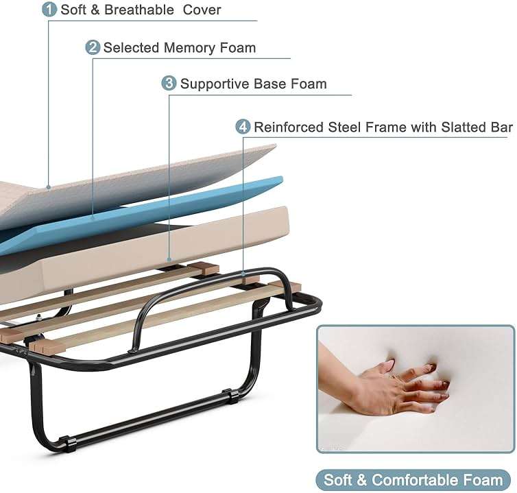 KOMFOTT Rollaway Bed with 4” Mattress, Folding Bed with Memory Foam Mattress for Adults, Portable Guest Bed with Sturdy Steel Frame, Made in Italy - Image 3