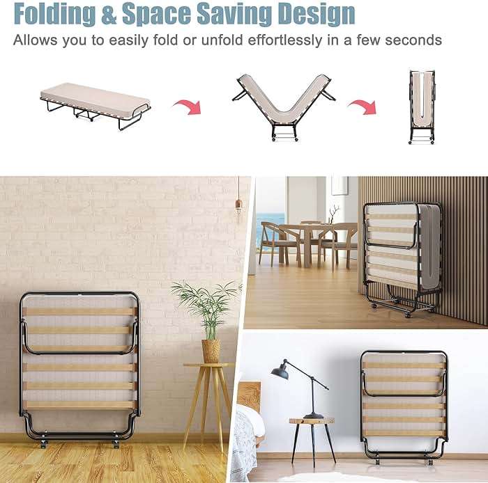 KOMFOTT Rollaway Bed with 4” Mattress, Folding Bed with Memory Foam Mattress for Adults, Portable Guest Bed with Sturdy Steel Frame, Made in Italy - Image 4