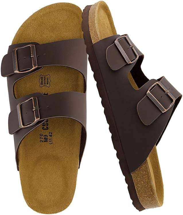 CUSHIONAIRE Lane Cork Footbed Mens Sandals, Adjustable Buckle Comfort Slides for Men, Genuine Leather Insole Summer Sandals Men Footwear - Image 1