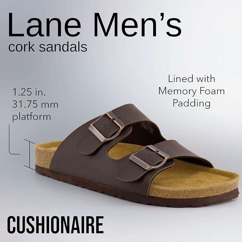 CUSHIONAIRE Lane Cork Footbed Mens Sandals, Adjustable Buckle Comfort Slides for Men, Genuine Leather Insole Summer Sandals Men Footwear - Image 2