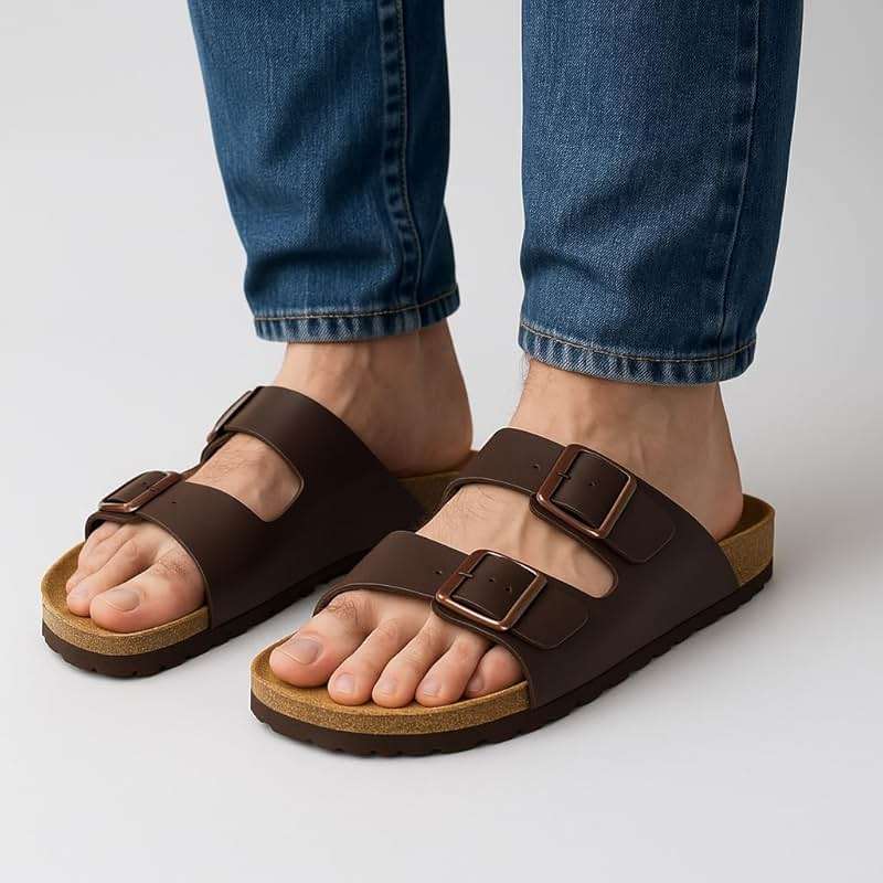 CUSHIONAIRE Lane Cork Footbed Mens Sandals, Adjustable Buckle Comfort Slides for Men, Genuine Leather Insole Summer Sandals Men Footwear - Image 3