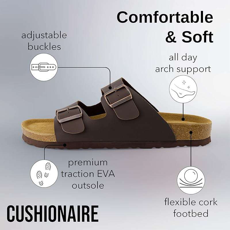 CUSHIONAIRE Lane Cork Footbed Mens Sandals, Adjustable Buckle Comfort Slides for Men, Genuine Leather Insole Summer Sandals Men Footwear - Image 5