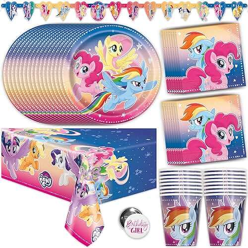 My Little Pony Party Supplies, My Little Pony Birthday Party Supplies and Decorations for 16 Guests with Banner, Tablecover, Plates, Cups, Napkins and Button - Image 1