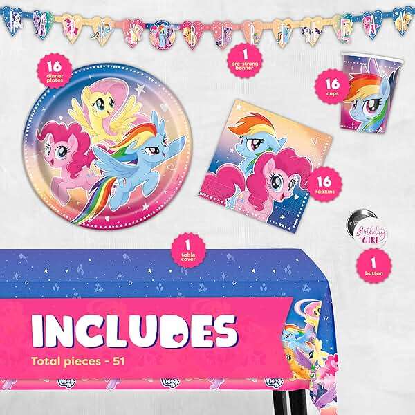 My Little Pony Party Supplies, My Little Pony Birthday Party Supplies and Decorations for 16 Guests with Banner, Tablecover, Plates, Cups, Napkins and Button - Image 2