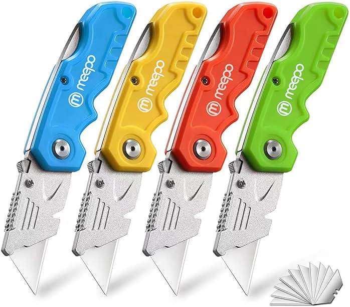 M MEEPO Box Cutter, 4-Pack Tough Folding Box Cutter for Heavy Duty Purpose, Razor Sharp Blade, Comfortable Handle, with Extra 10-Piece Blades, Can cut Drywall, Sheet Plastic, Linoleum, Boxes, Rope - Image 1