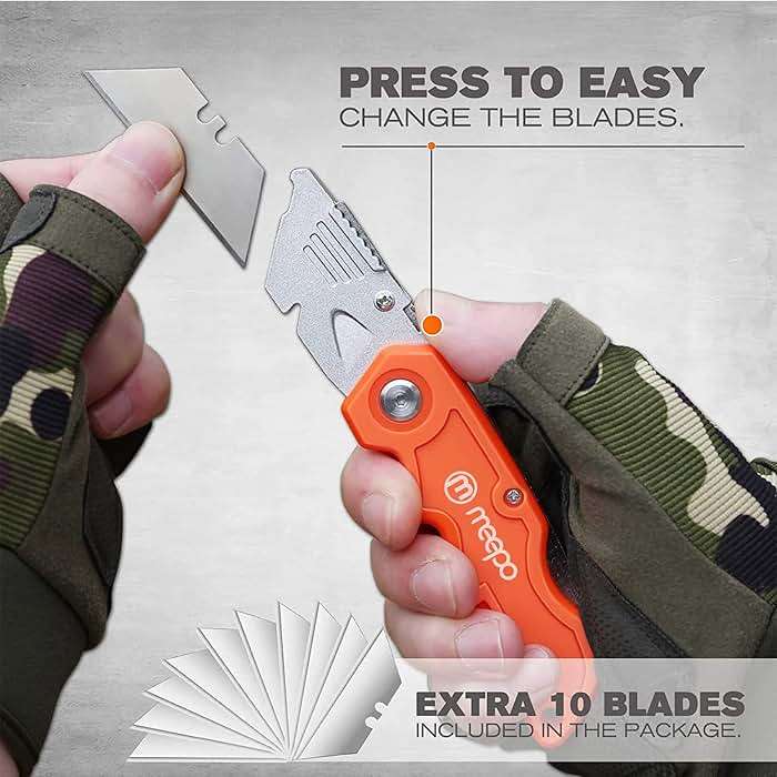 M MEEPO Box Cutter, 4-Pack Tough Folding Box Cutter for Heavy Duty Purpose, Razor Sharp Blade, Comfortable Handle, with Extra 10-Piece Blades, Can cut Drywall, Sheet Plastic, Linoleum, Boxes, Rope - Image 4