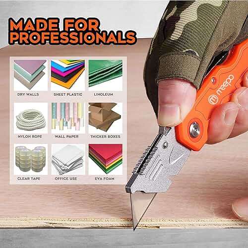 M MEEPO Box Cutter, 4-Pack Tough Folding Box Cutter for Heavy Duty Purpose, Razor Sharp Blade, Comfortable Handle, with Extra 10-Piece Blades, Can cut Drywall, Sheet Plastic, Linoleum, Boxes, Rope - Image 5