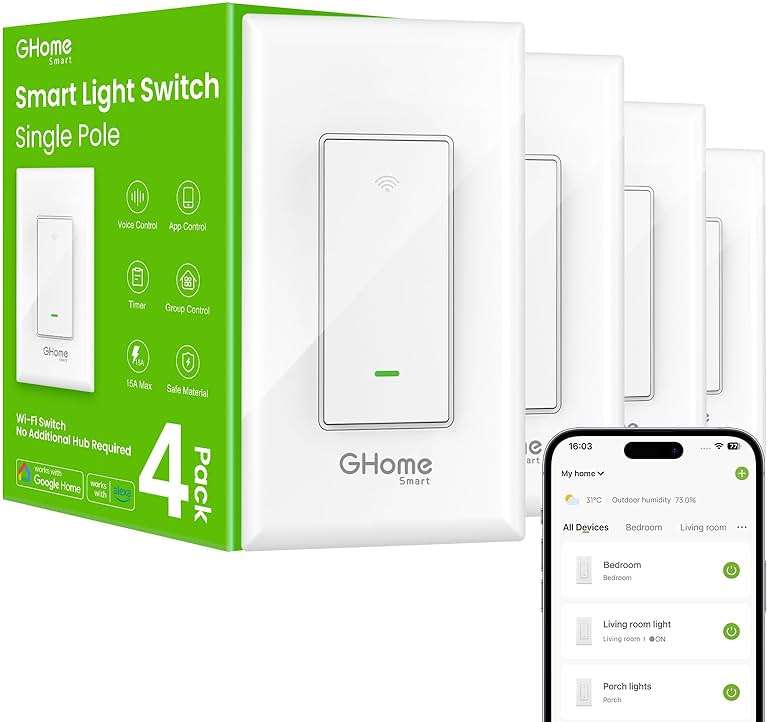 GHome Smart Switches for Lights, WiFi Smart Light Switch Works with Alexa and Google Home, Single-Pole, Neutral Wire Required, 2.4Ghz WiFi Light Switch with APP Control, No Hub Required, UL FCC Listed - Image 1