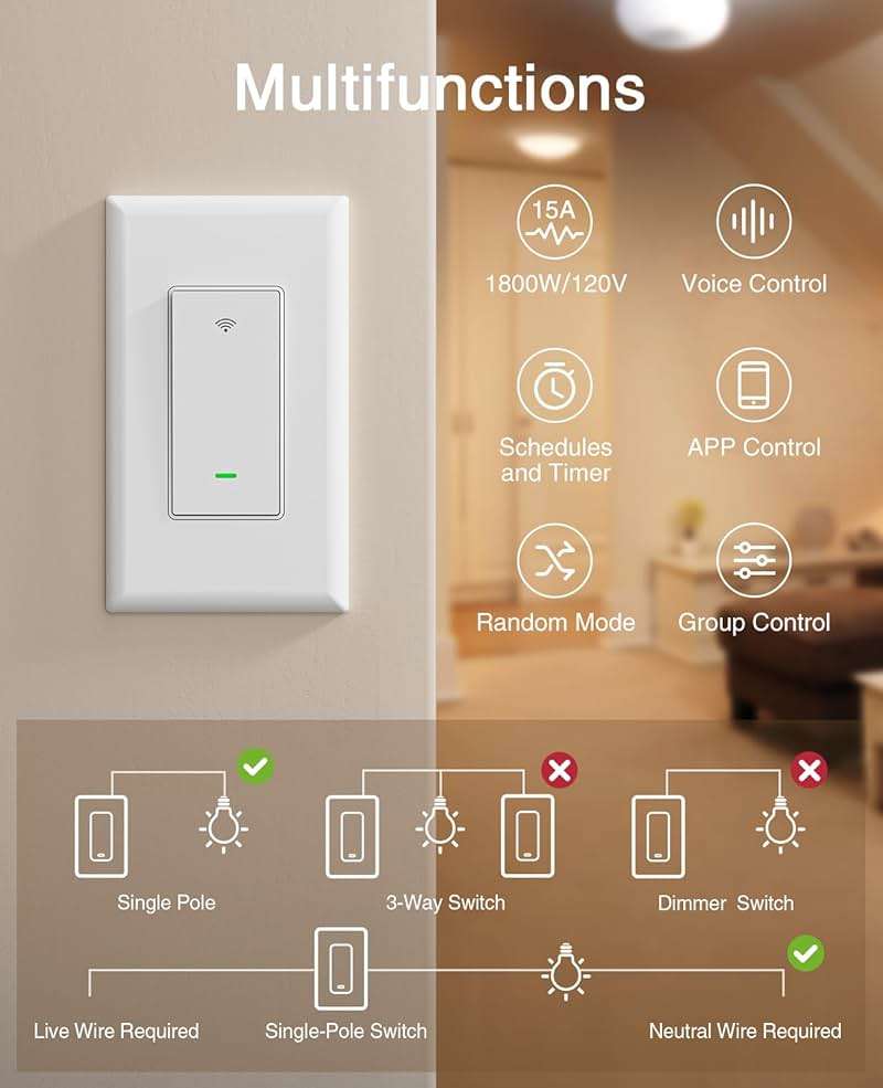GHome Smart Switches for Lights, WiFi Smart Light Switch Works with Alexa and Google Home, Single-Pole, Neutral Wire Required, 2.4Ghz WiFi Light Switch with APP Control, No Hub Required, UL FCC Listed - Image 2