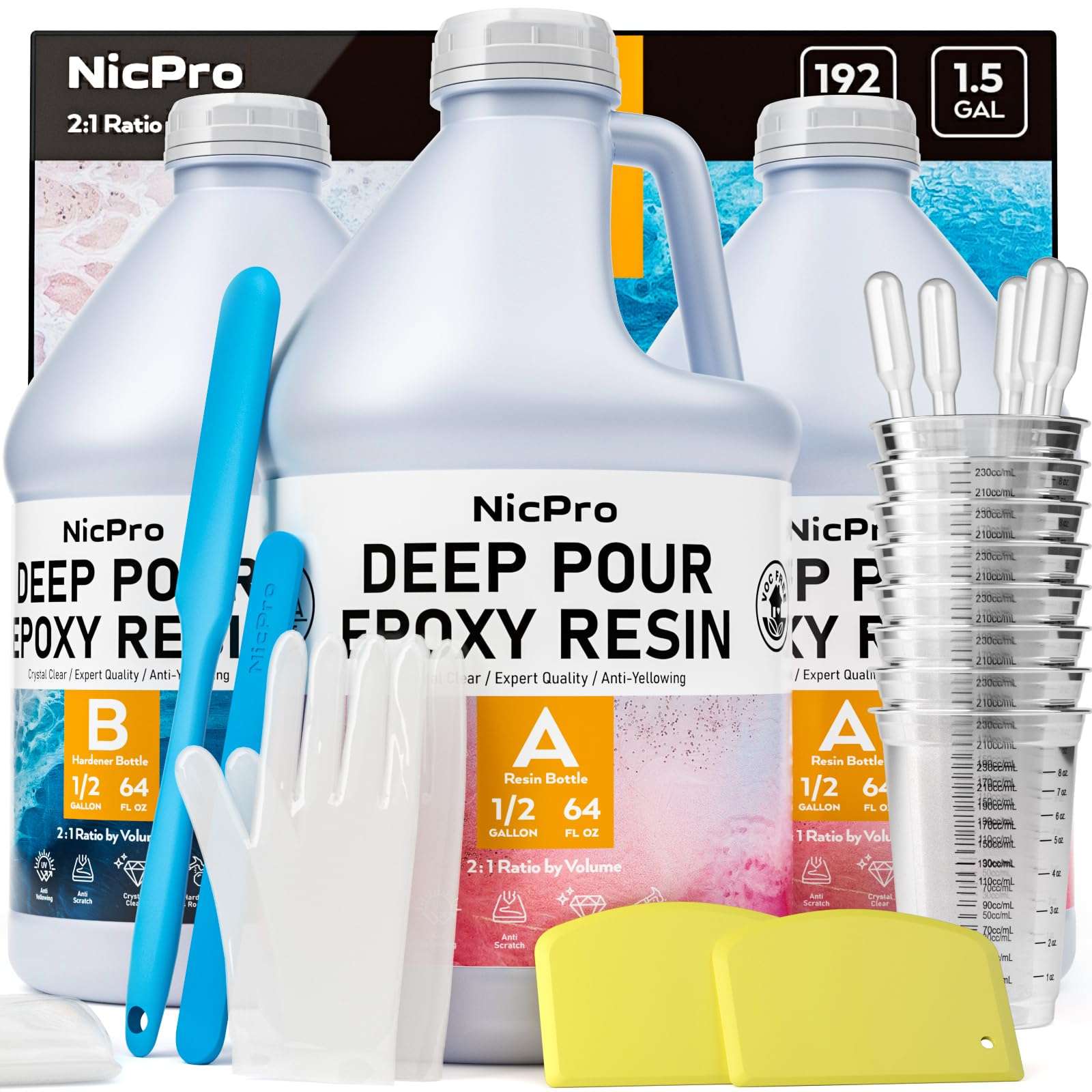 Nicpro 1.5 Gallon Deep Pour Epoxy Resin Kit, 2 to 4 Inch Depth High Gloss & Clear, Bubble Free Epoxy Resin for Craft River Table,Wood Filler, Bar Top, Coating Casting, Self Level 2:1 - Image 1