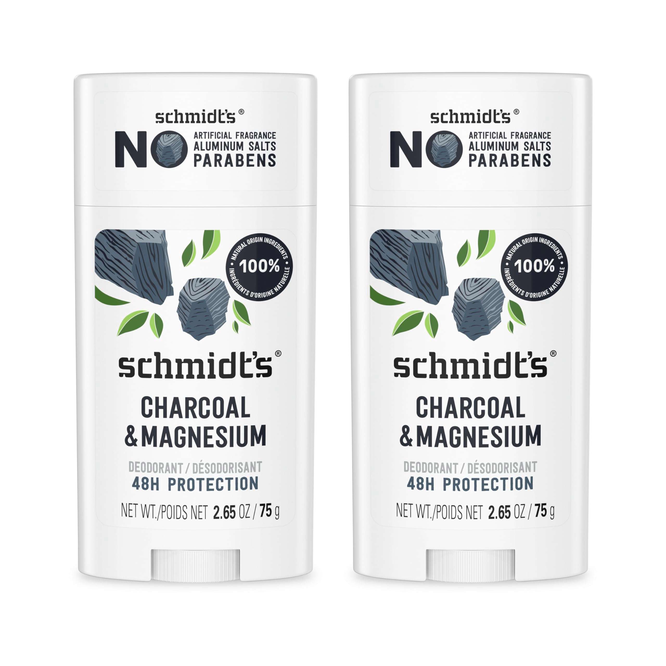 Schmidt's Aluminum-Free Vegan Deodorant Charcoal & Magnesium with 48 Hour Odor Protection, 2 Count for Women and Men, Natural Ingredients, Cruelty-Free, 2.65 oz, Pack of 2 - Image 1