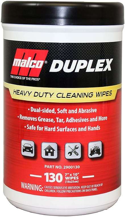 Malco Duplex Heavy Duty Cleaning Wipes for Home and Auto - Dual Sided Textured, Wet Wipe/Removes Grease, Tar, Paint, Oil, Dirt/No Residue/Safe for Hands/Made in USA (130 Wipes) - Image 1