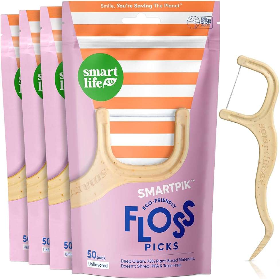 SmartLifeco Eco-Friendly Dental Floss Picks (200ct) - Flossers Made With Straw Wheat Blend, Strong Anti-Shred Thread For Tight Gaps, Tooth Pick Stick For Adults, Soft on Gum & Teeth, Vegan, Unflavored - Image 1