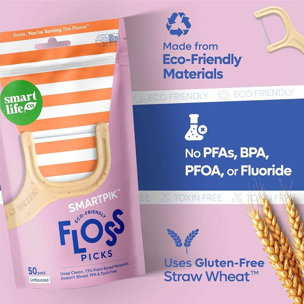 SmartLifeco Eco-Friendly Dental Floss Picks (200ct) - Flossers Made With Straw Wheat Blend, Strong Anti-Shred Thread For Tight Gaps, Tooth Pick Stick For Adults, Soft on Gum & Teeth, Vegan, Unflavored - Image 6