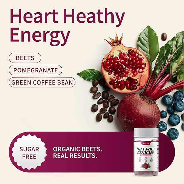 Snap Supplements Nitric Oxide Gummies - Beet Root Extract 300mg, Sugar Free Beetroot Supplement with Pomegranate Powder for Circulation & Natural Energy, 60 Vegan Gummies, Cherry Flavor - Image 3