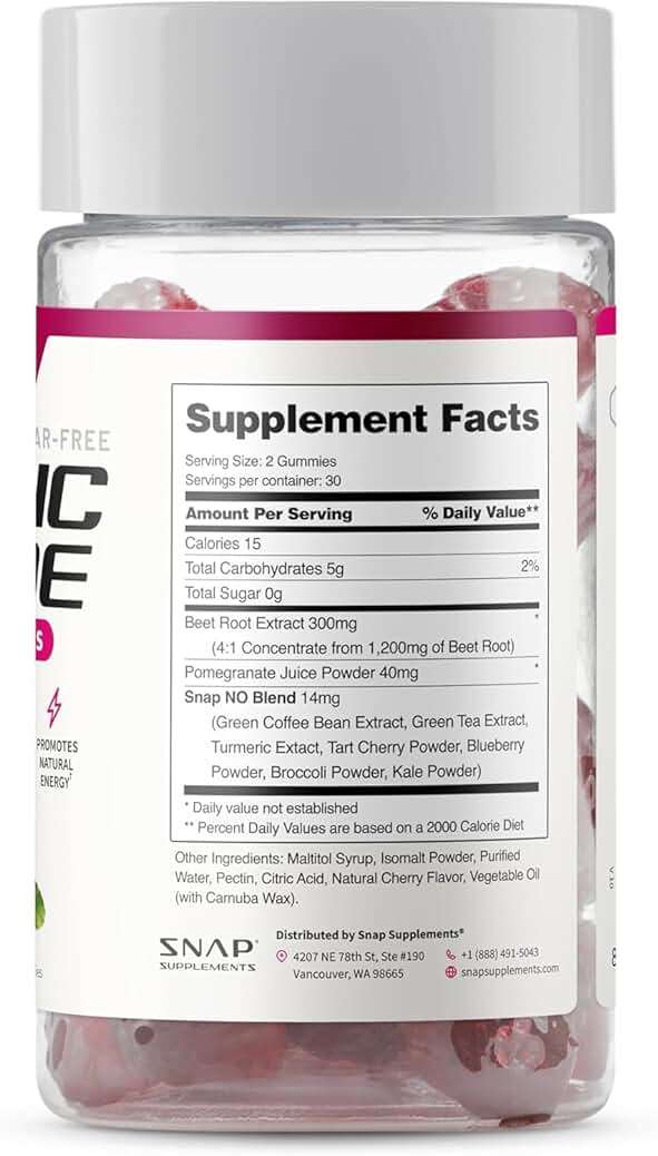 Snap Supplements Nitric Oxide Gummies - Beet Root Extract 300mg, Sugar Free Beetroot Supplement with Pomegranate Powder for Circulation & Natural Energy, 60 Vegan Gummies, Cherry Flavor - Image 8