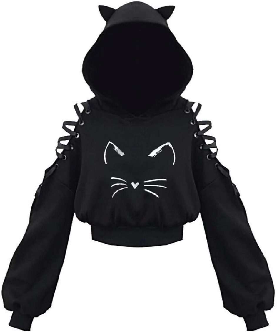 Women's Cat Ear Hoodie Pullover Long Sleeve Off Shoulder Cute Crop Top Hoodies Sweatshirt - Image 1