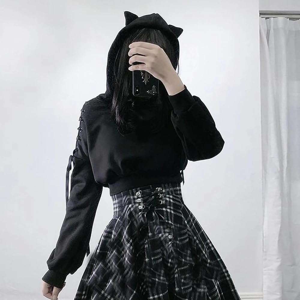 Women's Cat Ear Hoodie Pullover Long Sleeve Off Shoulder Cute Crop Top Hoodies Sweatshirt - Image 2