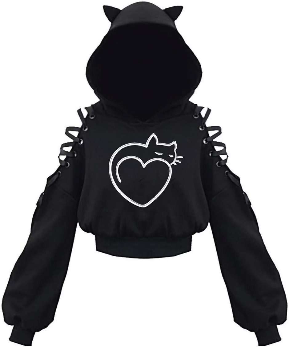 Women's Cat Ear Hoodie Pullover Long Sleeve Off Shoulder Cute Crop Top Hoodies Sweatshirt - Image 1