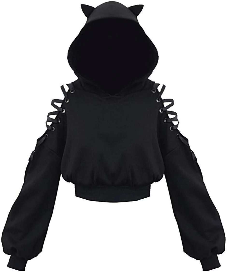 Women's Cat Ear Hoodie Pullover Long Sleeve Off Shoulder Cute Crop Top Hoodies Sweatshirt - Image 1