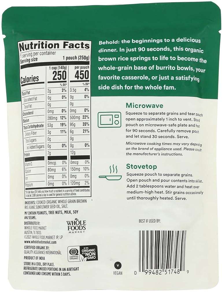 365 by Whole Foods Market, Organic Whole Grain Brown Rice, 90-Second Microwave in Pouch, 8.8 Ounce - Image 2